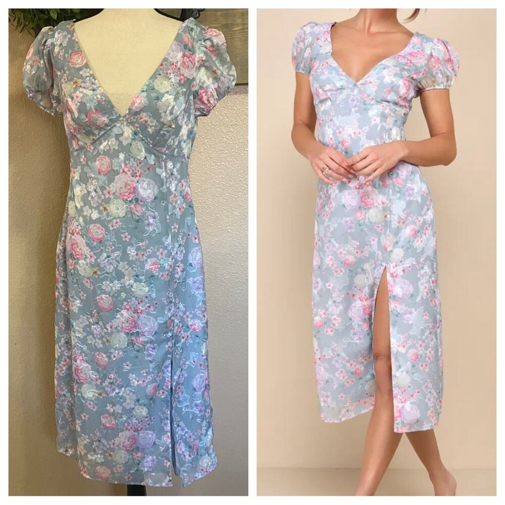 NWOT Lulus Elegant Personality Slate Blue Floral Burnout Midi Dress